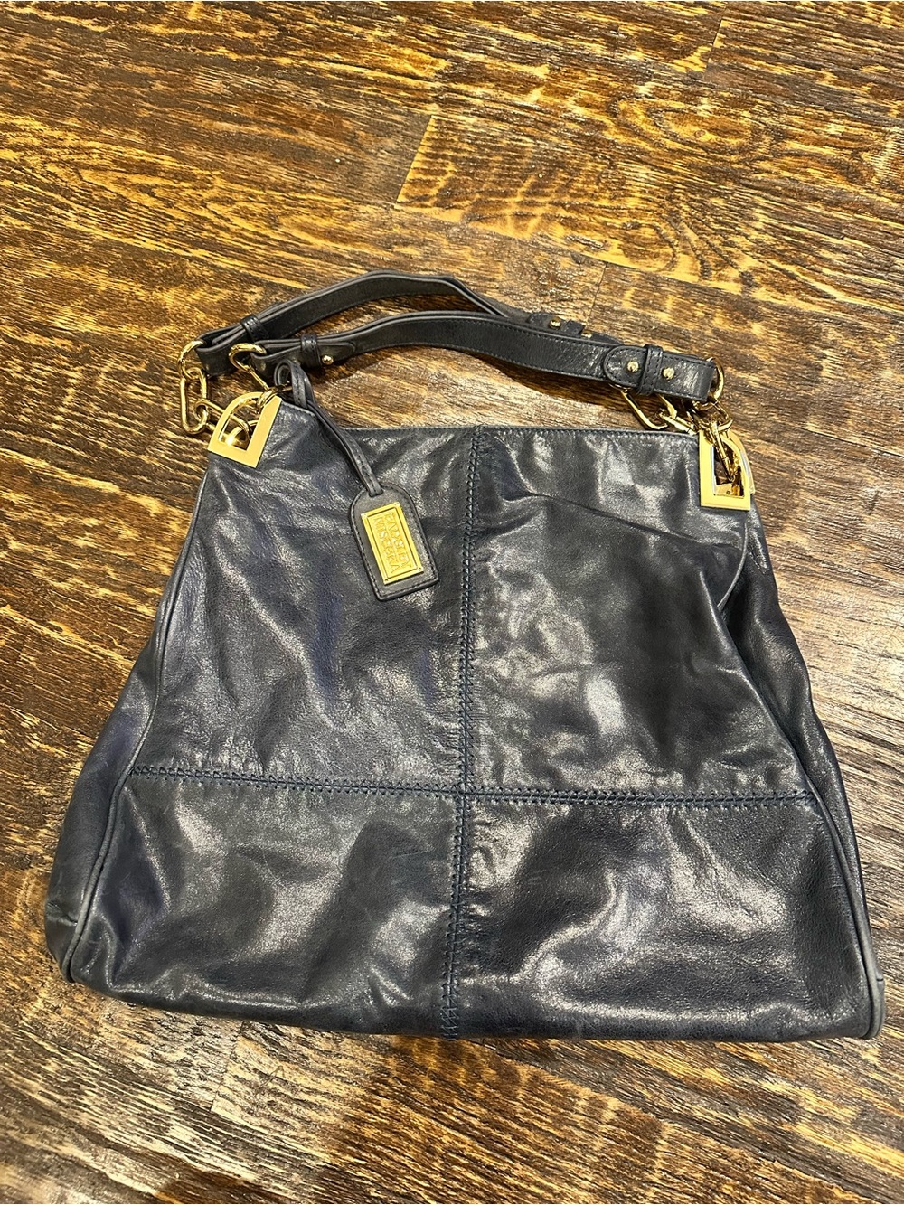 Badgley Mischka Classic Blue Black Leather Shoulder Bag with Gold Accents
